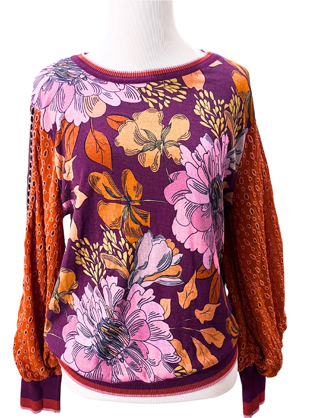 Bl^nk | Sz PS | Contrast Eyelet Purple Pink Orange Floral Pullover Top Blouse
